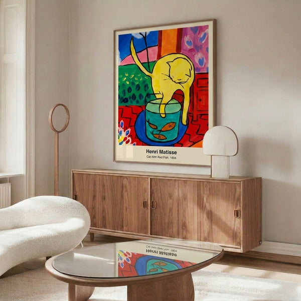 Art Nouveau-influenced poster of a contemplative cat beside a bowl with bright red fish, rich in decorative color and expressive impressionist detail for striking wall decor.