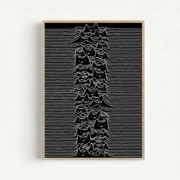 Modern art print showing a stylized black cat profile blending seamlessly into undulating wave and mountain line work on a clean white background.