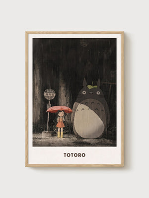 Totoro Rain Scene Poster poster in oak frame