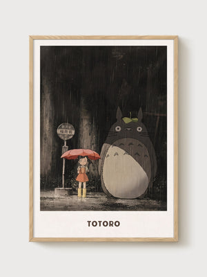 Totoro Rain Scene Poster poster in oak frame