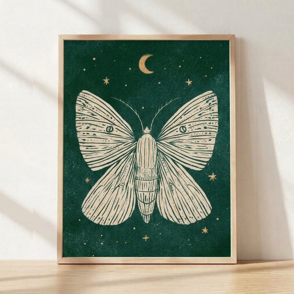 Framed line art poster of a delicate moth with spread wings centered against a starry night sky, moon phases, and celestial elements in forest green, gold, and cream on a teal background, creating a peaceful and mystical cottagecore aesthetic.