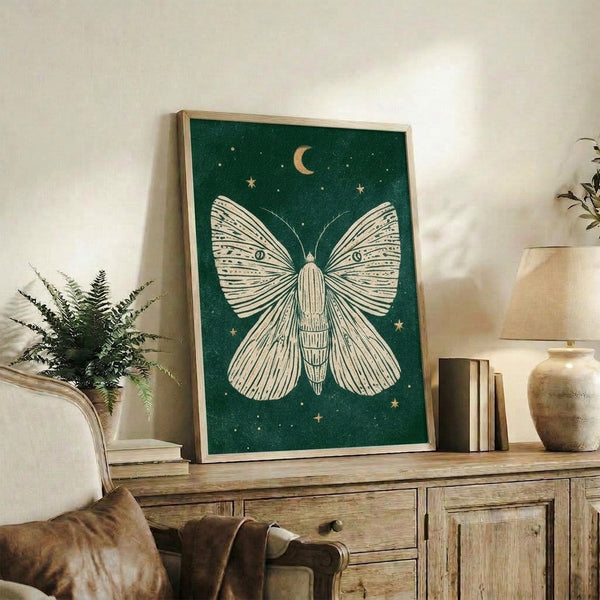 Minimalist celestial wall art print featuring an intricate moth illustration surrounded by stars and lunar phases in earthy greens and warm gold tones, evoking a dreamy, whimsical nighttime mood.