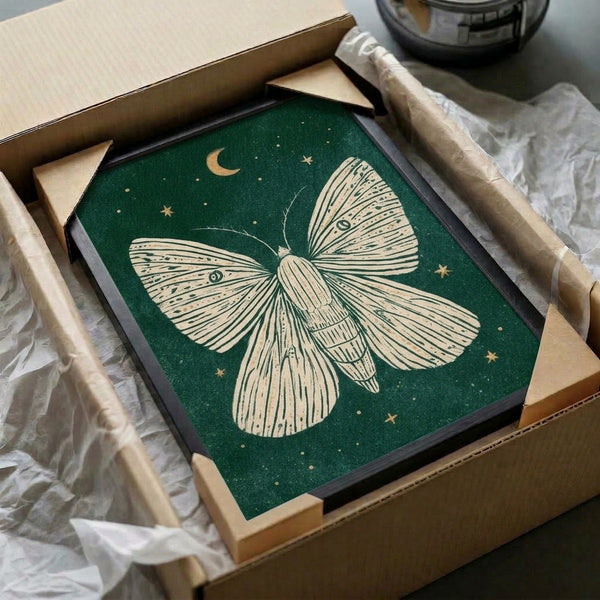 Nature-inspired line art print of a butterfly-like moth silhouette set against a starry sky with moon phases, combining minimalist design with cottagecore charm in forest green, gold, and cream hues.