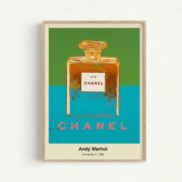 Framed pop art poster with glamorous perfume bottle imagery in vibrant red and gold tones, iconic modern artwork in pop art style.