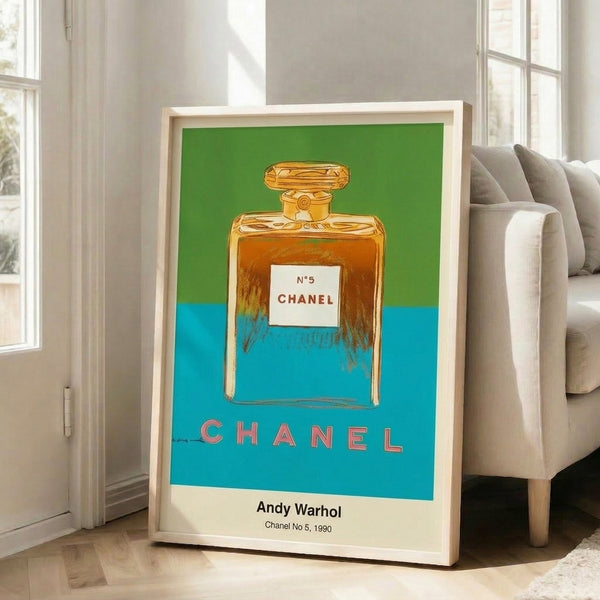 Vibrant pop art poster featuring a glamorous perfume bottle in red, gold, and black tones, bold and iconic modern artwork for home decor.