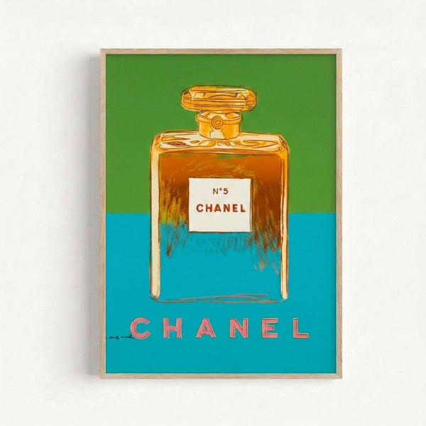 Framed Chanel No. 5 print featuring bold, colorful silkscreen style design with characteristic pop art treatment.