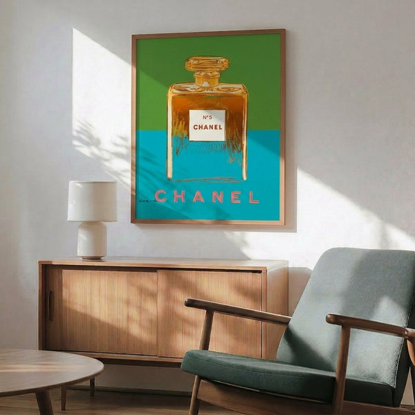 Pop art framed print showcasing the famous Chanel No. 5 perfume in vibrant, eye-catching contemporary design.