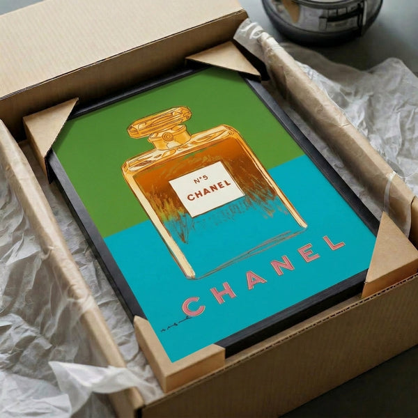 Chanel No. 5 poster with bright pop art styling and bold color blocking, framed modern home decor.