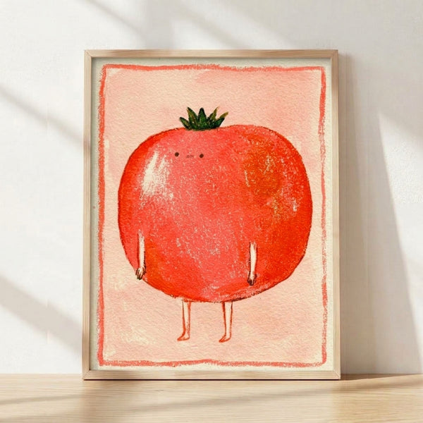 Whimsical folk art poster featuring a cheerful tomato character with a playful expression in coral red and soft pink tones, framed on a wall.