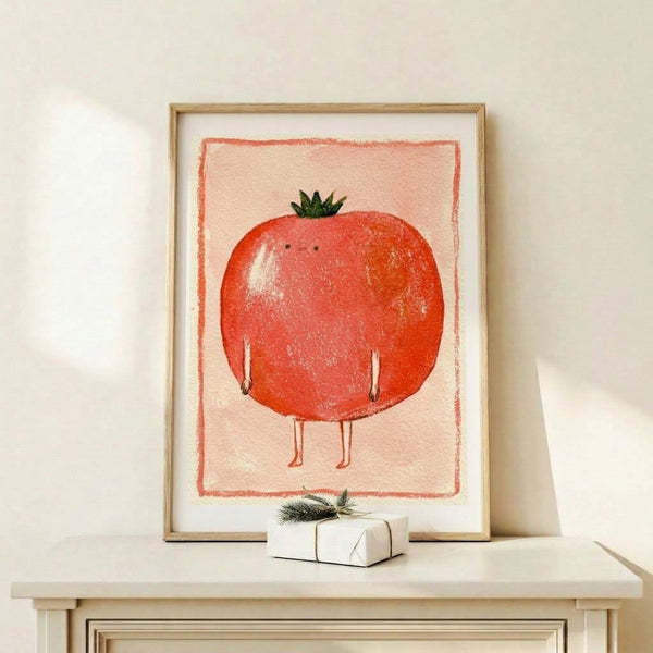 Naive-style illustration of a cute anthropomorphic tomato with forest green leaves against a cream background, displayed as a framed art print.