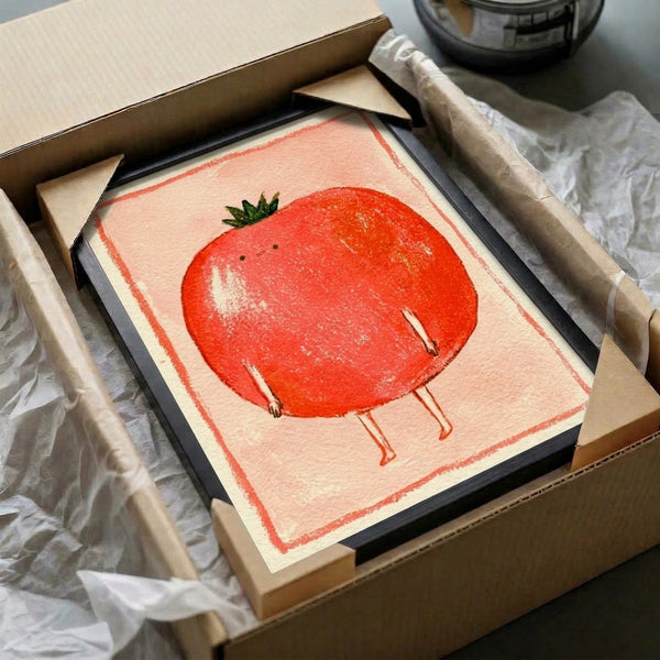 Cheerful tomato fruit character rendered in whimsical folk art style with soft pastels and green accents, presented as a framed poster.