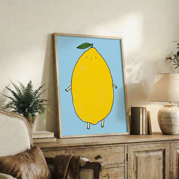 Lighthearted minimalist poster showing a smiling lemon with simple black outlines and green leaf accent against a pale blue wall art background.