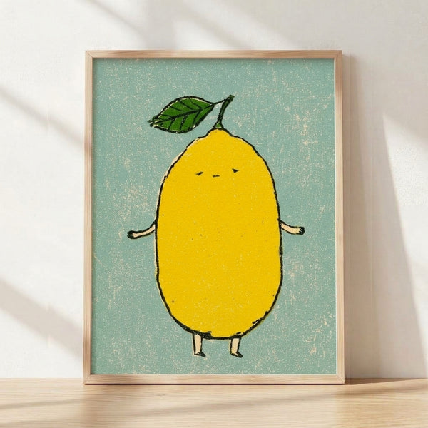 Cheerful yellow lemon with sage green leaf in minimalist line art style, framed folk art poster with whimsical playful mood on cream background.