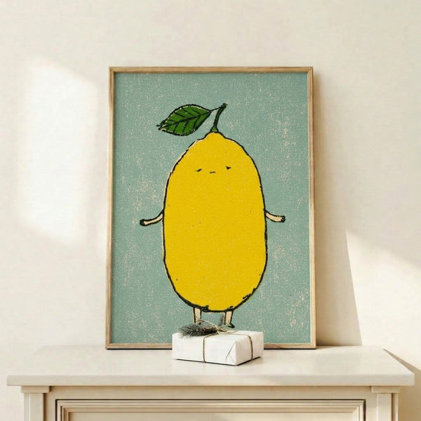 Whimsical lemon character rendered in simple black line drawing with warm yellow and sage green hues, folk art style botanical print.