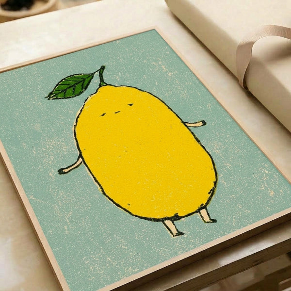 Playful lemon fruit illustration in minimalist folk art with black line work, yellow and soft green tones creating cheerful kitchen wall decor.