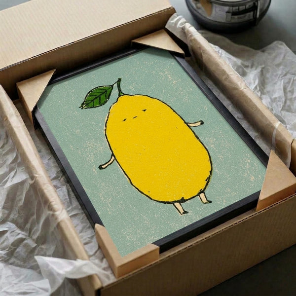 Folk art lemon poster with delicate line drawing in yellow, sage green, and black on cream, whimsical botanical character with cheerful personality.