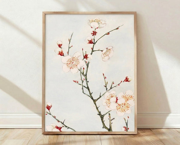 Watercolor plum blossom branch with delicate pink and coral flowers on cream background, framed botanical poster in serene Japandi style.