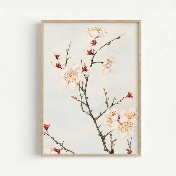 Sage green stem with pale pink plum blossoms and gold accents, soft watercolor art print evoking spring tranquility.