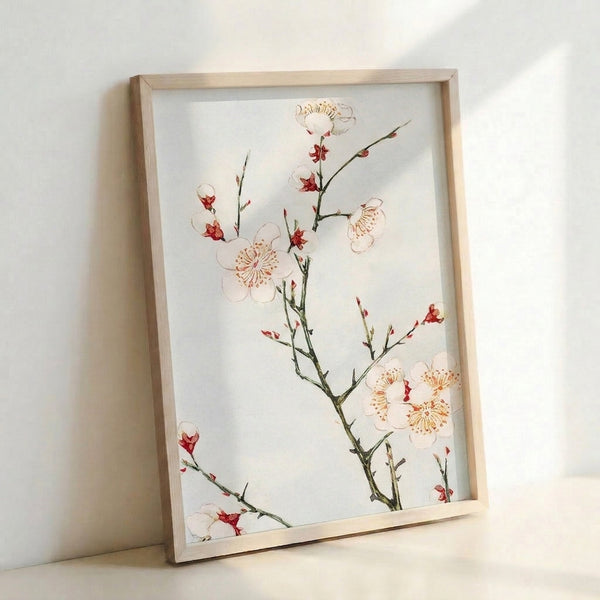 Framed watercolor painting of a graceful plum branch with budding coral-red flowers and muted green leaves on neutral background.
