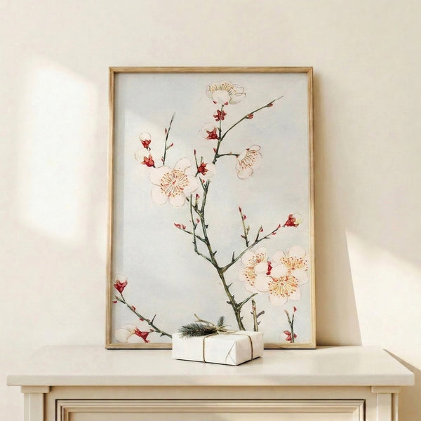 Minimalist Japandi watercolor print featuring a slender plum blossom branch in soft pink tones with cream and sage color palette.