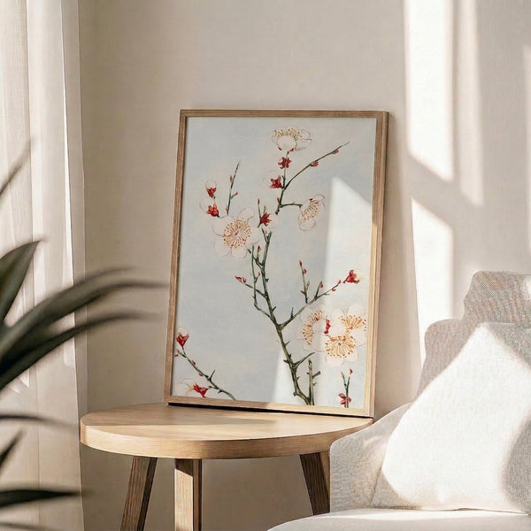 Serene botanical art print of a flowering plum branch with soft peachy blooms, green foliage, and warm gold details in Japandi aesthetic.