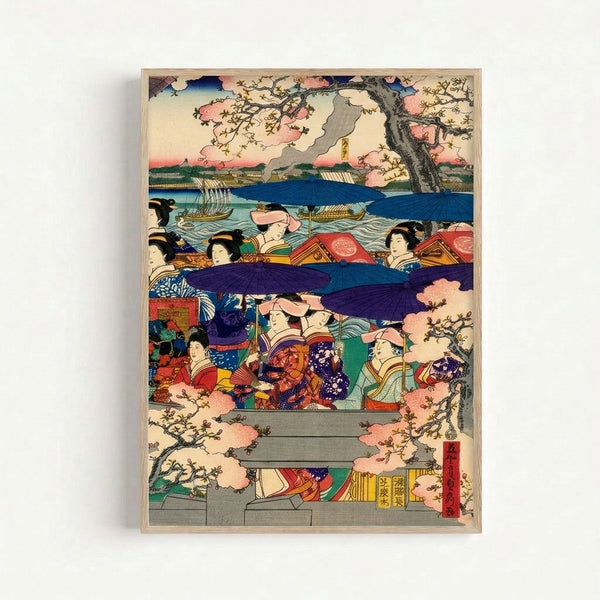 Ukiyo-e style poster showing a woman with umbrella on a river boat surrounded by blooming cherry trees, painted in coral, cream, and blue hues.