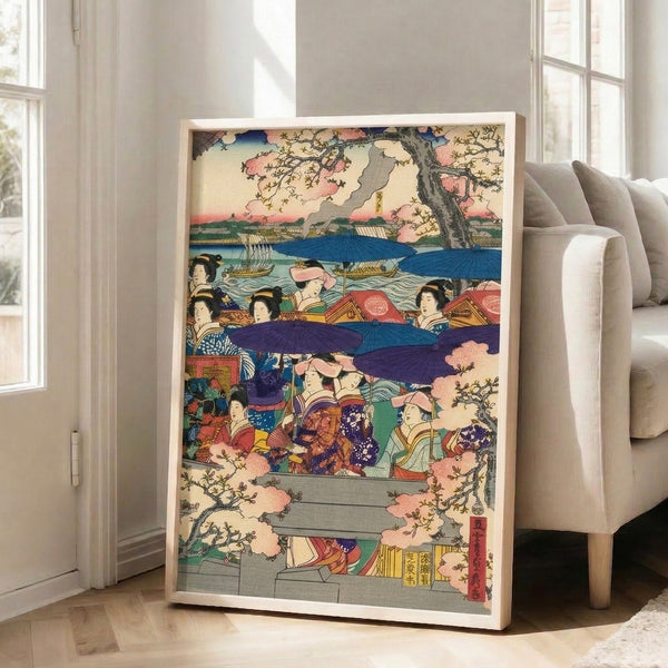 Serene woodblock-style poster depicting a graceful woman near river architecture and cherry blossoms, using warm pink and cool blue with golden accents.