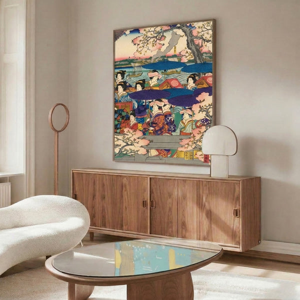 Festive ukiyo-e wall art: geisha in boat beneath blooming cherries with architectural backdrop, done in traditional woodblock style using coral, gold, and soft blue tones.