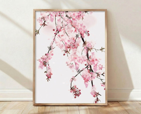 Delicate watercolor painting of cherry blossom branches with pale pink and deep rose flowers against soft white, framed as a wall art print.