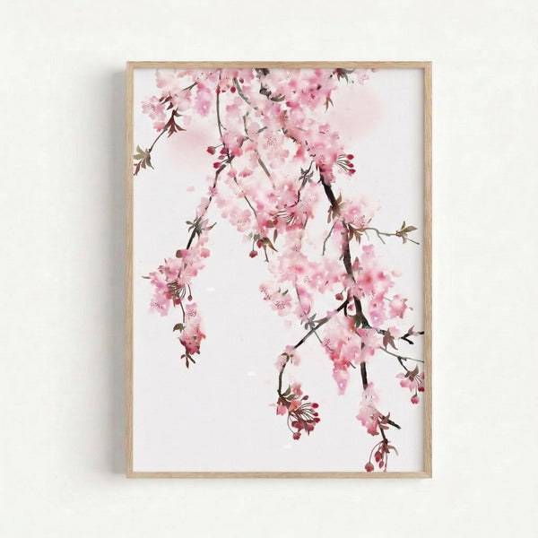 Serene Japanese-inspired watercolor artwork featuring blooming sakura branches in soft pink tones with sage green leaves and charcoal accents.