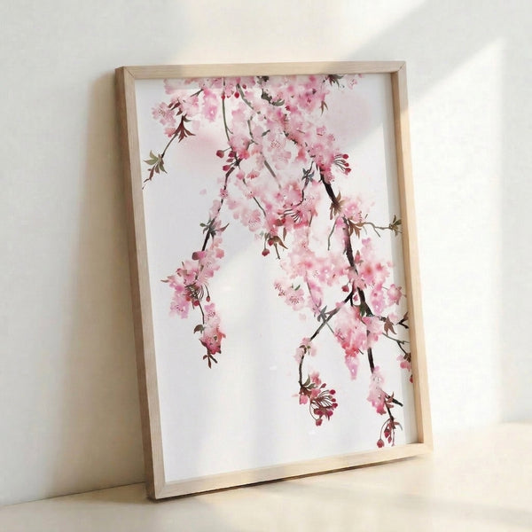 Contemplative floral art print depicting graceful cherry blossom branches rendered in soft watercolor hues of blush pink and muted rose.