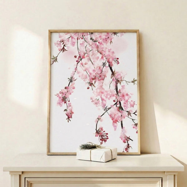 Japandi-style framed poster showcasing delicate cherry blossoms and leaves in a serene watercolor composition with muted pink and gray tones.