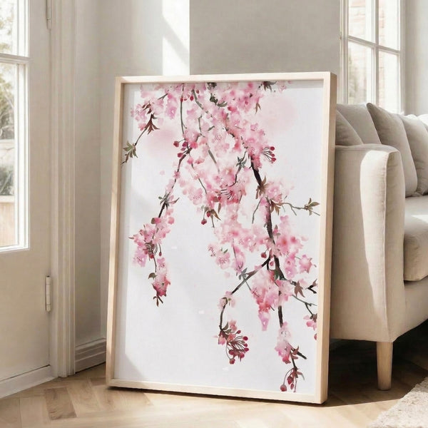 Soft watercolor illustration of flowering cherry branches with pale pink blooms and sage green foliage in a minimalist Japanese aesthetic.