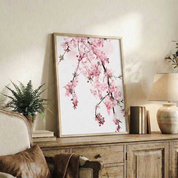 Peaceful spring-inspired wall art featuring hand-painted style cherry blossom branches in blush pink, deep rose, and charcoal gray on white.