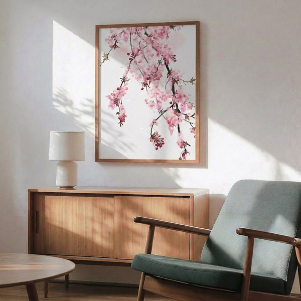 Understated watercolor floral poster of branching sakura blossoms with delicate pink petals and soft green leaves in Japandi décor style.