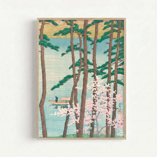 Japandi art print featuring a tranquil water scene with blooming cherry trees, evergreen pines, and a solitary boat in muted cream, brown, and soft blue hues.