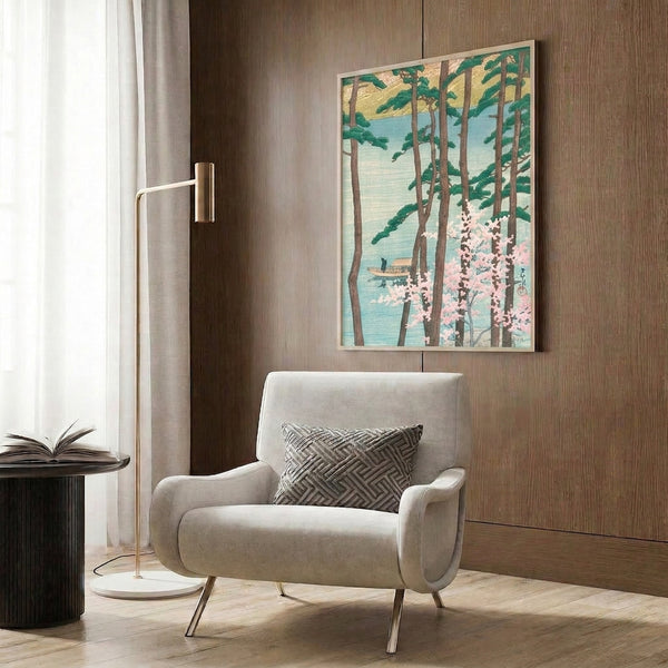 Woodblock-style framed poster of a tranquil lake surrounded by cherry blossoms and tall pines with a small boat, combining pale blues, soft pinks, and sage greens in Japandi aesthetic.