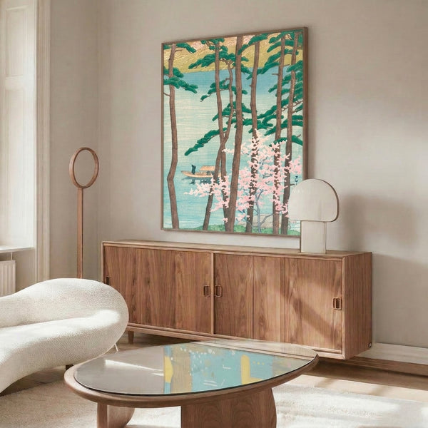 Contemplative nature poster featuring a Japanese-inspired composition of flowering cherry trees, dense pine forest, and a boat on still water in muted cream, brown, and soft pastel colors.