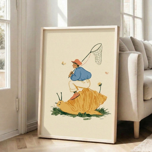 Cottagecore art print featuring a playful child atop a gentle snail surrounded by butterflies and blooming flowers, painted in muted vintage hues of cream, blue, and warm yellows against a soft background.