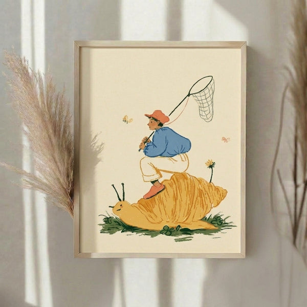 Gentle vintage-inspired wall art showing a child in a hat riding a snail through a flower-filled meadow, chasing butterflies, illustrated in soft cream, sage-green, coral, and muted blue hues.