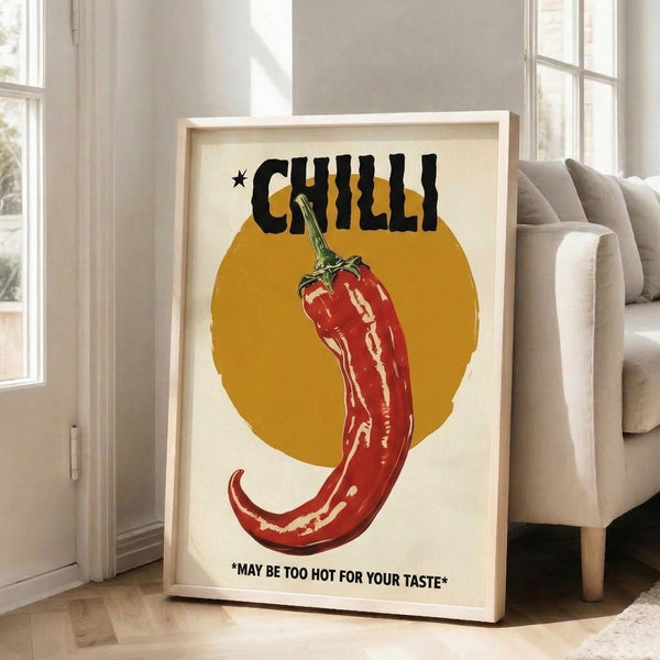 Playful retro pop art wall print featuring a bold red chili pepper with cream and gold accents, capturing spirited vintage Americana vibes.