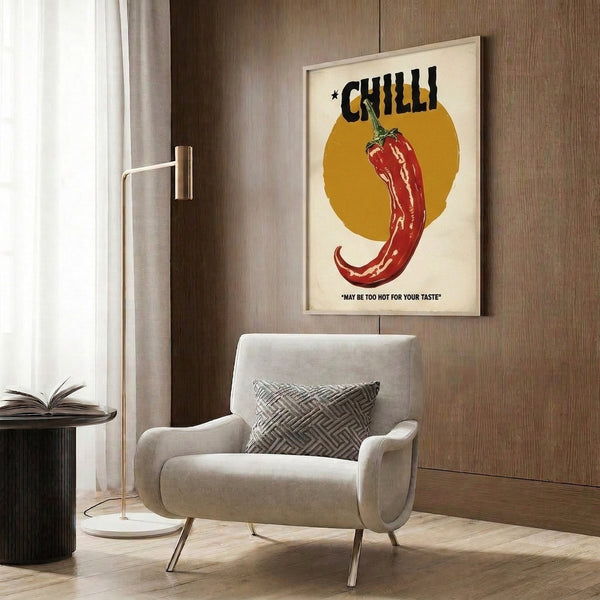 Retro-style art poster displaying a stylized red chili pepper with cream and gold elements in bold pop art fashion with nostalgic diner energy.