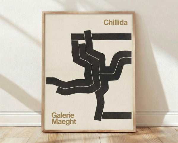 Abstract sculptural form in charcoal and cream tones, Bauhaus-inspired framed poster with bold geometric shapes and contemplative mood.
