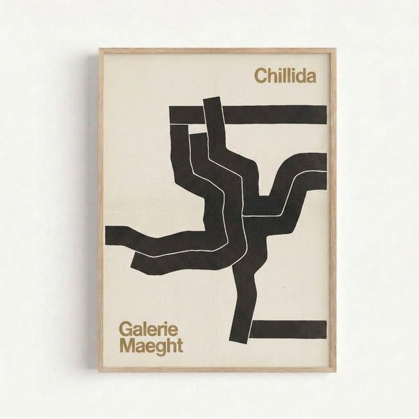 Minimalist art print featuring an abstract sculpture rendered in cream, tan, and charcoal in a modern geometric style.