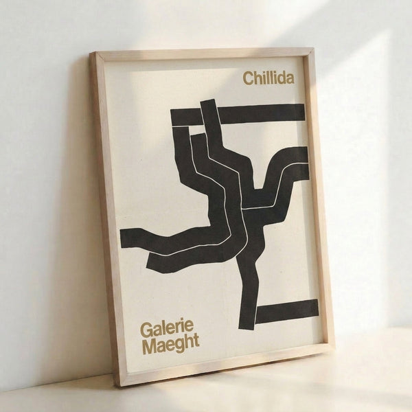 Framed poster showcasing an abstract form with clean lines and neutral earth tones, exemplifying Bauhaus design principles.
