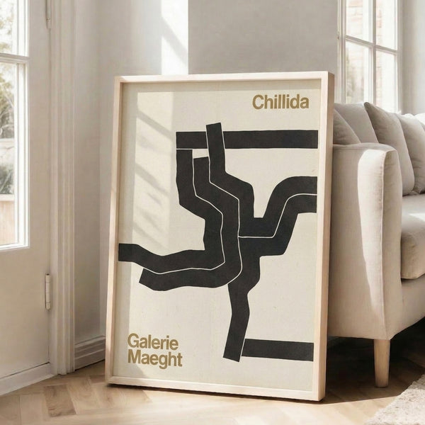 Modern poster art displaying an abstract form in tan and charcoal tones, featuring stark geometric shapes and Bauhaus aesthetic.
