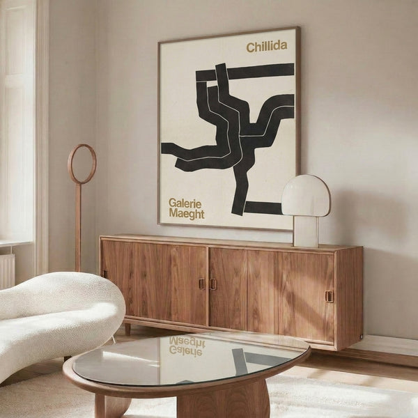 Abstract sculpture-inspired framed print in neutral cream and charcoal palette, showcasing minimalist geometric abstraction.