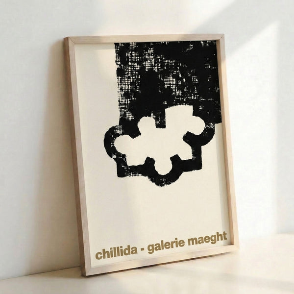 Cream and black abstract poster displaying geometric sculptural forms in sophisticated Bauhaus-inspired minimalist composition on gallery wall.