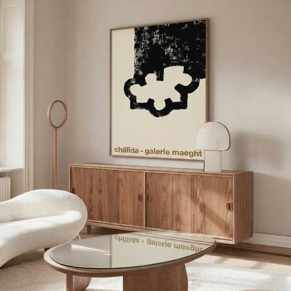 Sophisticated abstract art print with cream base and black geometric forms arranged in contemplative, minimalist sculptural arrangement.