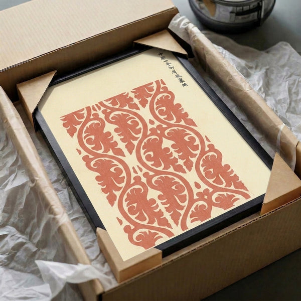 Traditional Japanese ornamental scroll pattern print in warm terracotta and off-white, rendered in woodblock style with elegant, orderly decorative motifs.